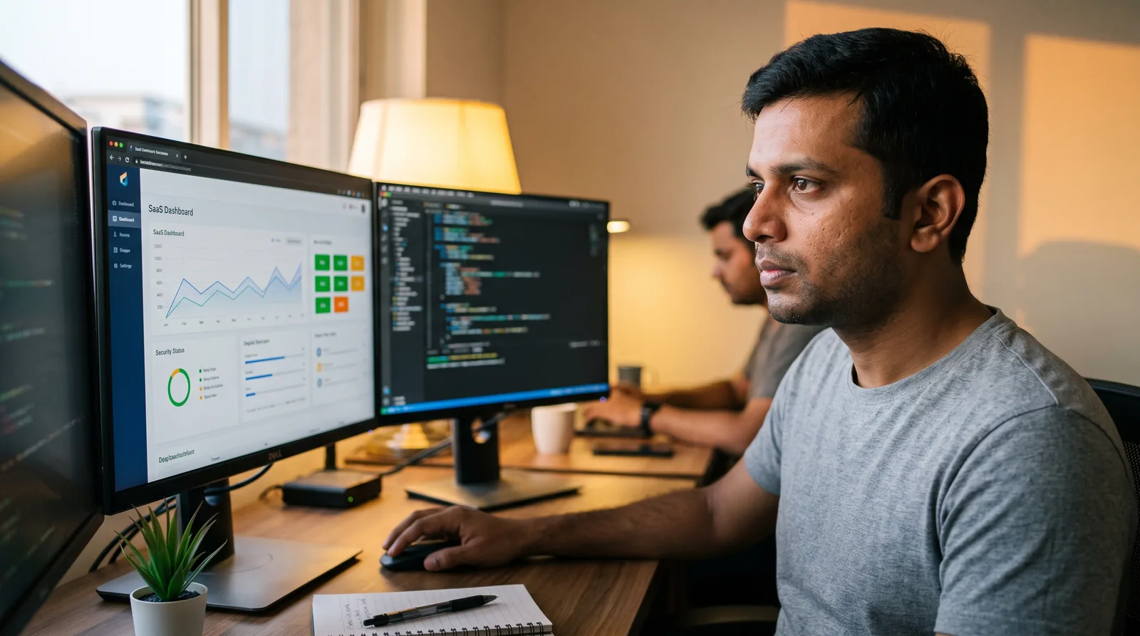 Analysts reviewing content performance dashboards across multiple screens